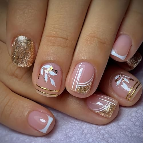 24pcs Short Square Nude Press-On Nails with Gold Leaf Design, Glossy French Tip Full-Cover False Nails, Stick-On Art Set with Adhesive Tabs for Women & Girls