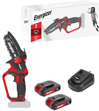 Energizer – Tronçonneuse Sans Fil 20V, Lame 120 mm – Vitesse 5 m/s – Ultra Compacte, Poignée Soft Grip – 2 Chaînes + Huile Incluses – Inclus 2 Batteries 2AH + Chargeur rapide Idéale Élagage, Jardinage