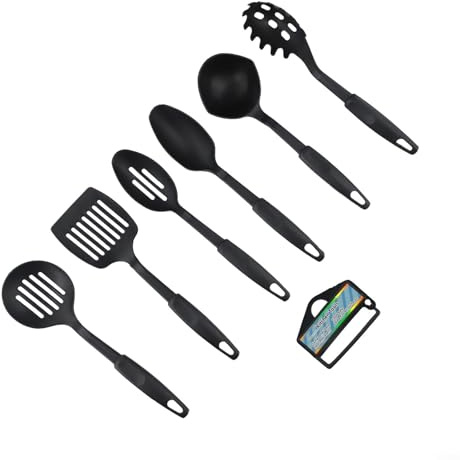 Set di utensili da cucina in nylon, 6 pezzi, antiaderenti, resistenti al calore, spatole da forno, mestolo, colino, bistecca, set per pentole, nero
