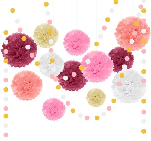 Bouiexye Pompons Deko 27 Stück Party Deko Geburtstagsdeko Girlande Geeignet für Hochzeiten Babypartys Geburtstage (Rosa Rose)