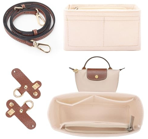 2 Stück Schultergurt und Organizer Set für Longchamp Mini Tasche, Ohne Bohren Verstellbares Schnallendesign Schulterriemen Mehrere Taschen Filz Taschenorganizer für Long champ Tasche (Weiß Mini)