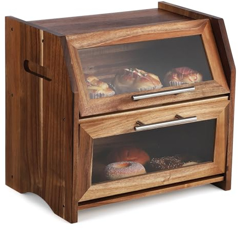 Garvee Double Layer Bread Box – Acacia Wood Bread Bin with Clear Acrylic Door & Air Vents, Rustic Countertop Bread Storage Container for Homemade Bread, Bagels, Muffins (Brown & Silver)