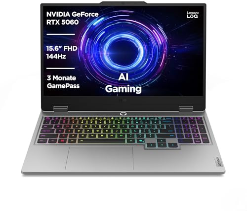 Lenovo LOQ Gaming AI Laptop | 15.6 Full HD 144Hz | NVIDIA GeForce RTX 5060 8GB | Intel Core i7-13650HX | 32GB RAM | 1TB SSD | Win11 | QWERTZ | RGB-beleuchtete Tastatur | Grau | 3 Monate GamePass