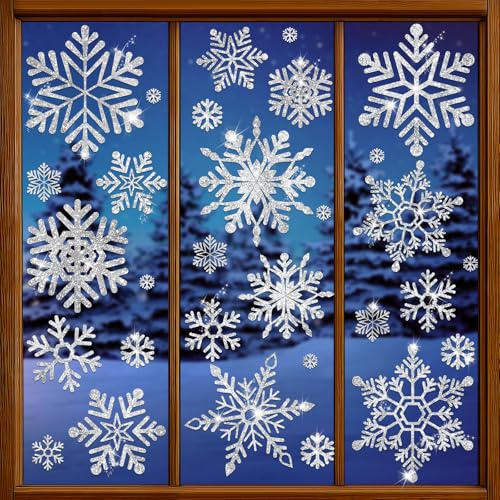SHUCHING Fensterbilder Schneeflocken Silber, Fensteraufkleber Schneeflocken Glitzer, 9 Blatt Statische Fensterdeko für Winter Fenster