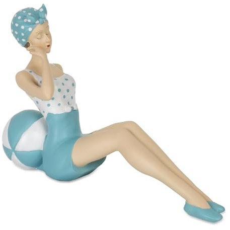 Moritz Dekofigur Dame in Türkis 23,5 x 7,5 x 14,5 cm - Frau im Retro Badeanzug mit Ball sitzend - Vintage Sommerdeko aus Polyresin für Wohnzimmer Badezimmer Kommode