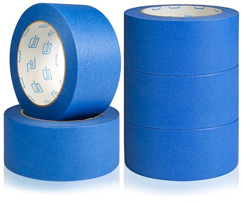 Lot de 5 rouleaux de ruban de masquage bleu - 50 mm x 50 m - Résistant à la chaleur et aux UV - Pour peinture intérieure, décoration, travaux de rénovation, sans résidus, 500 m au total