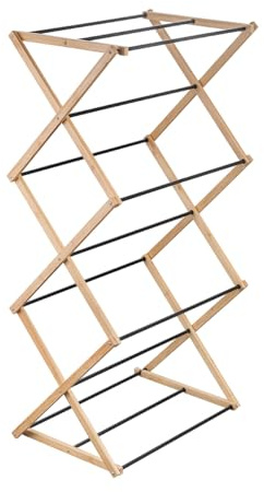 Amig - Stendibiancheria verticale pieghevole tipo torre Mod. Aeria ZenRack - Acciaio epossidico e bambù - Stendino a struttura verticale - 5m di spazio di stenditura - 54x36x106 cm - Colore nero/bambù