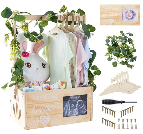 LLMQ Wooden Baby Shower Crate Closet, Personalized Baby Shower Basket with Wreath & Hanger, Love at First Sight Sonogram Picture Frame, Easy Assembly Baby Clothes Storage Box for Pregnancy Gift