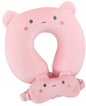 Nzkeuf Almohada de Viaje con Antifaz, Almohada de Cuello para Niños y Adultos, Almohada En Forma De u De Dibujos Animados para Viajes, Dormir en casa y Oficina(Oso Rosa)