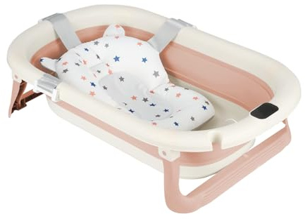 Babywanne Faltbar Mit Schwimmendem Kissen mit niedlichem Muster – Babybadewanne Xxl Mit Badethermometer – Von Der Geburt Bis 3 Jahre – Baby Bathtub – Geschenk zur Geburt Mädchen oder Jungen (Rosa)