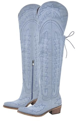 UJEDFHV Knähöga cowboystövlar för kvinnor lårhöga knästövlar över knäet röd cowboy sida dragkedja västerländsk broderi, Sh230901e, 45.5 EU