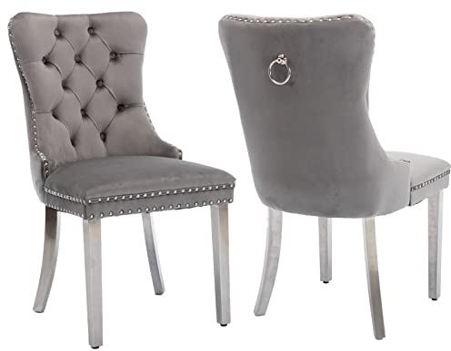 Shenyon Graue Samt-Esszimmerstühle 2er Set, silberfarbene Edelstahlbeine | Mid Century Modern Stil; Rückenlehne mit Knopfheftung; Ziernägel; dekorativer Ringgriff; bequeme Polsterung; einfache Montage