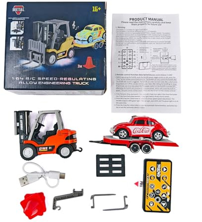 1:64 Scale Remote Control Forklift with Trailer, 2.4G Three-Speed Alloy RC Forklift Crane Set with Lights and Sound, Adult Collectible Construction Vehicle Model HG4-244