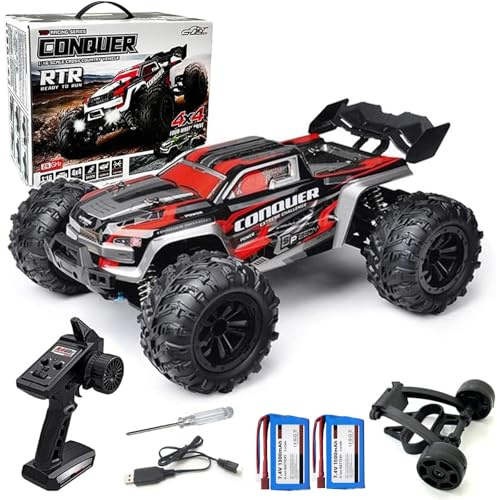 Yidedraw RC Autos im Maßstab 1:16 für Erwachsene High-Speed 4WD Offroad Hobby Ferngesteuerter Truck 50km/h Schnell 2.4GHz All Terrain RC Monster Buggy mit 2 Batterien (RTR/Rot)