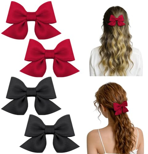 ABOHU 4 unidades Ganchos con Clip de Cocodrilo y Lazos de Grogrén, Ganchos para el pelo para bebés y niñas, Pinzas Pelo Lazo, Pinzas Pelo Mujer Accesorios para el Cabello, lazos pelo niña, Negro Rojo