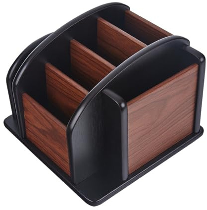 Organizador de escritorio de madera, portalápices multifuncional, 6 compartimentos, para objetos pequeños, mandos a distancia, soporte giratorio, para oficina, escuela y hogar