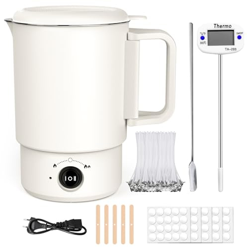 FDOUIGE Elektrischer Wachsschmelzer 800ml für Kerzenherstellung – Komplettes Kerzen Selber Machen Set mit Thermometer, Dochte, Dochthalter, Aufkleber & Rührlöffel