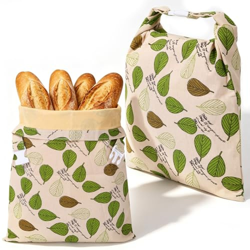 Guniata 2 sacchetti per il pane in cera d'api, con chiusura a fibbia, riutilizzabili, con cera d'api e lino, 43 x 33 cm, mantengono gli alimenti freschi, per impasti e pani artigianali, verde