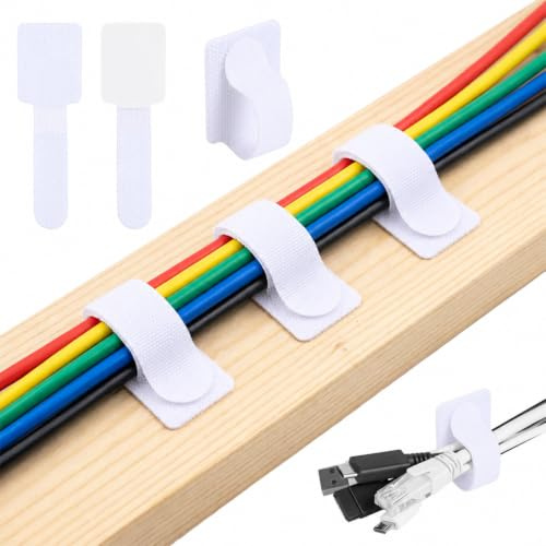 Carehabi 100 piezas de organizador de cables autoadhesivos, 30 x 90 mm para la organizador cables escritorio, bridas reutilizables con sujeción extra fuerte, cables de nailon ajustables, Blanco