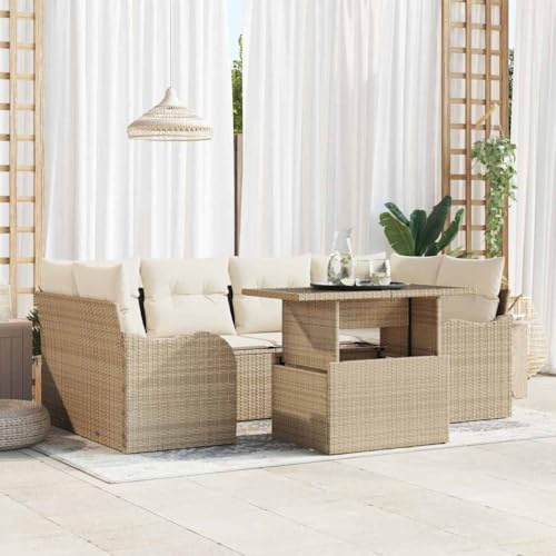 Ziaphsol Trädgårdssoffa-set, 7 delar, beige och kräm, polyrotting, modulär väderbeständig, för terrass och balkong, med höjdjusterbart bord, utomhuskudde