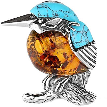 Kingfisher Bird Oxidised Silver Brooch Pin/Clip of Orange Amber & Blue Turquoise in Vintage Style for Women - 925 Sterling Silver