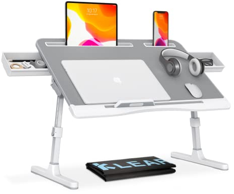 KLEAR Laptoptisch für Bett, Verstellbarer Laptoptisch mit Höhen und Winkeln, Faltbarer, tragbarer Laptoptisch, Laptoptisch zum Essen, Arbeiten, Schreiben, Spielen, Zeichnen (XL, Grau)