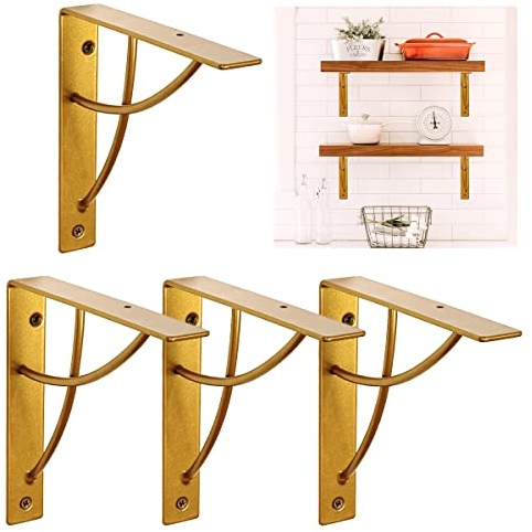 WAALIJI Schweberegalhalterung, modernes Design L Regalhalterung 7 Zoll für Schweberegal, DIY Offenes Regal, 4er Set Golden | Robuste Wandregalhalterung L Kreuz Design für DIY offenes Regal 4er Set