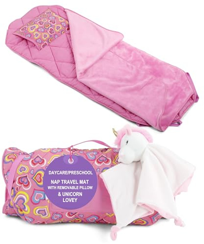 Emily Rose Girls Nap Mat with Fleece Blanket & Unicorn Lovey | 100% Cotton Toddler Sleep Mat for Daycare Preschool | Ages 2-7 | Machine Washable