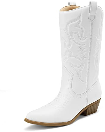 DREAM PAIRS Bottes Western Femme Boots Cowboy Mi-Mollet à Enfiler Style Cowgirl Bottines,Size 40,Blanc,SDMB2218W