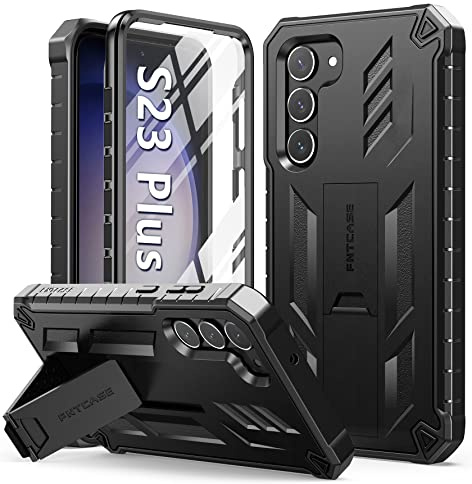 FNTCASE for Samsung-Galaxy S23+Plus Case: Dual Layer Protective Textured Cover & Rugged TPU Shell with Kickstand | Military Grade Drop Protection | Heavy Duty Cell Phone Protector(Black)