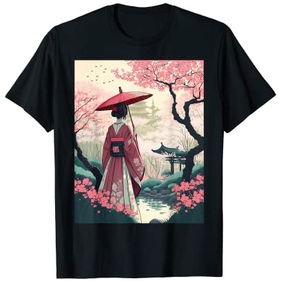 Japanese Lady umbrella garden cherry blossom Castle shrine T-Shirt
