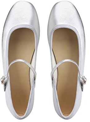 Julymens Mary Jane Ballerines plates à bout rond et boucle pour femme, Argenté, 38.5 EU