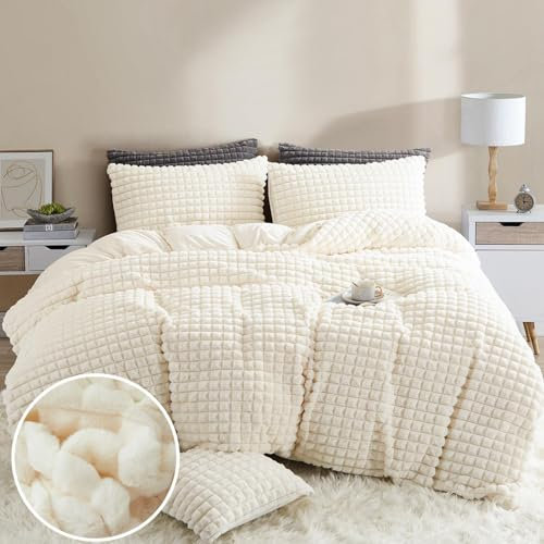 Tospass Plüsch Bettwäsche 200x220 cm 3 Teilig Winter Kaninchenfell Samt Bettwäsche Fleece Biber Beige Flauschig Warme Bettwäsche Cashmere Touch Wende Bettbezug mit Reißverschluss 2 Kissenbezug 80x80cm