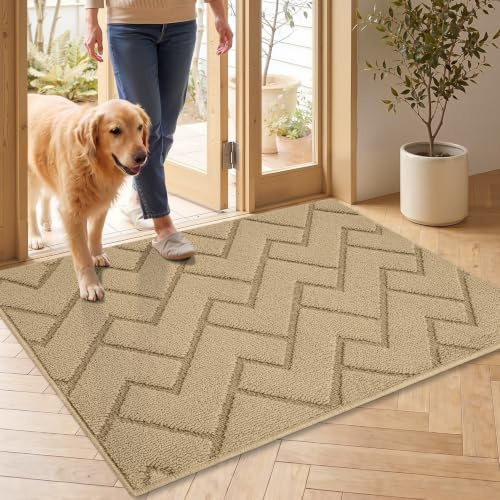 Biscpro Fußmatte Innen Außen Waschbar eingangsteppich innen Schmutzfangmatte rutschfest,Türmatte Innen Teppich für Eingang, Patio, Flur, Garten, Innen und Außen (Beige, 60x90cm)