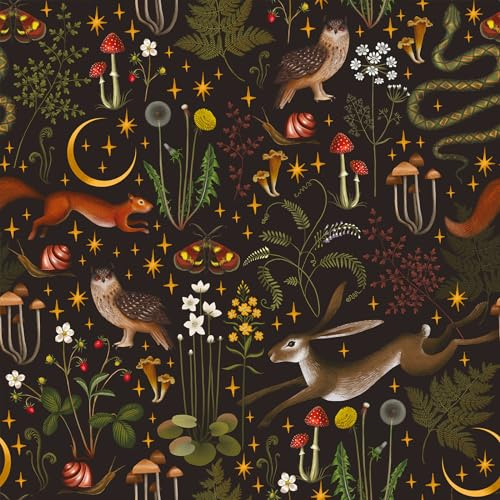 VEELIKE Vintage Tapete Dschungel Tropische Blumentapete Schwarz Kaninchen Vögel Schlangen Fototapete Blumen Pilz Tapeten Blätter Wand Dekoration Schlafzimmer Möbelfolie Badezimmer 44.5cm×300cm