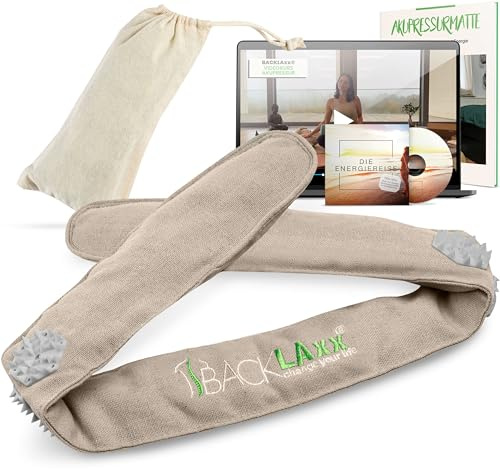 BACKLAXX® Akupressur Stirnband mit 230 Nadeln, Akupunktur Kopfband & Tasche | Akupressur Kopfband 70x6x2 cm, verstellbar per Klett (Kopfumfang 51 bis 58 cm), Halbleinen & Baumwolle, inkl. Tasche