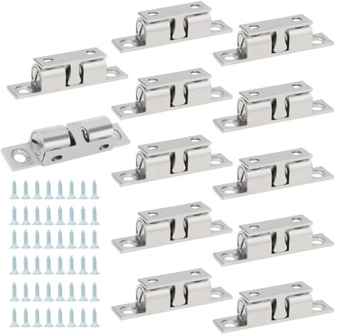 HOJLKLD 12Pcs Double Ball Tension Roller Catch Latch for Cabinet,48 mm Solid Brass Closet Door Catch Hardware with Screws and Tape for Kitchen Cabinet Closet Furniture Doors (Silver, 48mm)