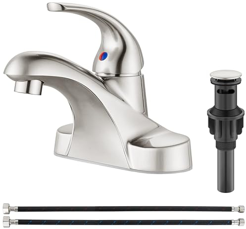 Aolemi Bathroom Faucets Arc 4 Inch Centerset Bathroom Sink Faucet Single Handle Vanity Faucet with Supply Lines,with Pop Up Drain Assembly,Brushed Nickel
