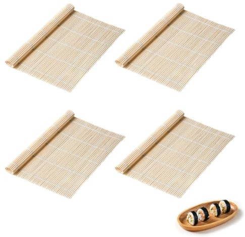BZKSER Esterilla Sushi - 4 pcs Estera de Sushi de bambú Estera Estera de Sushi de bambú Lavable Fabricación de Sushi de bambú Reutilizable para Cocina Fiesta Principiantes Profesionales (24 * 24 CM)