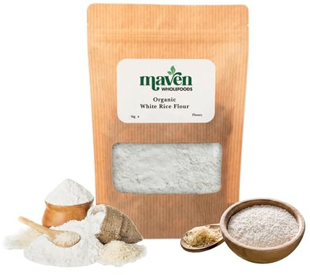 Maven Wholefoods Organic White Rice Flour 1kg | Plant-Based | GMO-Free | High Fibre | Vegan & Vegetarian Friendly | Raw & Natural Baking Flour | Packed Fresh in Resealable Bag