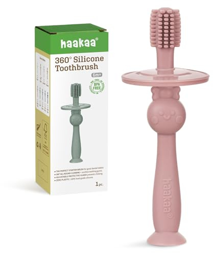 haakaa 360° Baby Toothbrush with Suction Base - Gentle Cleaning for Infant Self-Brushing Training, Food-Grade Silicone, Adjustable Safety Shield - Blush (1 Piece)
