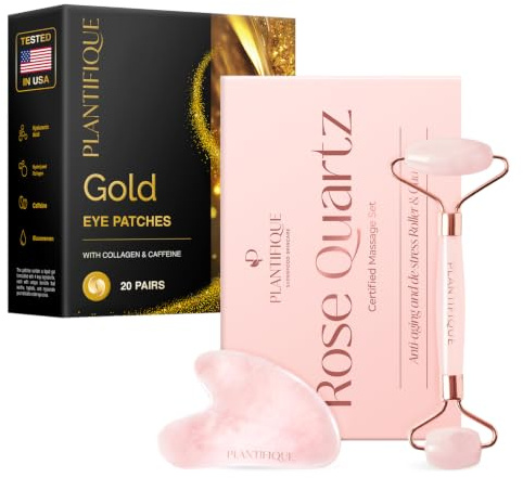PLANTIFIQUE Rosenquarz Gesichtsroller und Gua Sha Stein Set für Gesichtsmassage und reduziert Schwellungen & Plantifique Augenpads Gegen Augenringe und Tränensäcke - 20 Paar