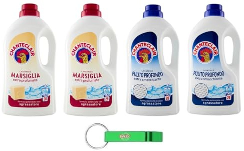 4x Chanteclair Lavatrice Testpaket Marseille + Pulito Profondo - Flüssigwaschmittel für die Waschmaschine - Waschmittel 28 Wäschen 1260ml + Beni Culinari Kostenloser Schlüsselanhänger