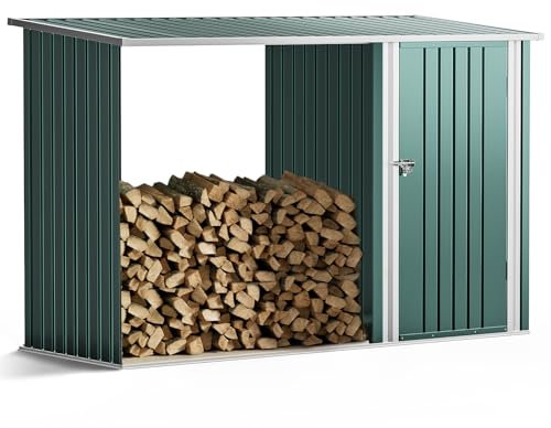 The Fellie Metal Log Storage Shed, 8x3 FT Lockable Outdoor Firewood Storage Shed with Door and Sloped Roof, Metal Garden Shed for Garden Tools, Wood Storage, Green (D250x W103x H159cm)