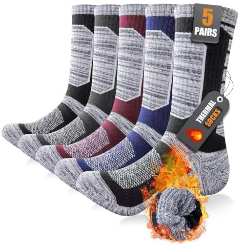 Niorasen Full Cushion Thermal Socks for Men, Thick Cotton Mens Work Socks, Padded Mens Warm Socks, 5 Pairs Crew Winter Sports Socks for Outdoor Walking Hiking Running Climbing, Multicolour, 9-11