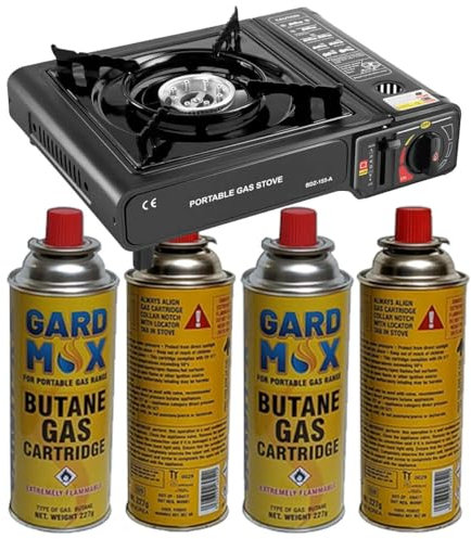 Portable Camping Gas Cooker Single Burner Stoves Enamel Pan Holder BBQ Caravan Outdoor EN417 Compliant Premium Camping Stove with Automatic Ignition System & Heat Control (Stove + 4 Gas Cans)