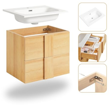 SoBuy Mueble para Debajo del Lavabo Armario Colgante para Cuarto de Baño con 2 Cajones y 1 Lavabo 61 x 46 x 54 cm BZR172-N ES