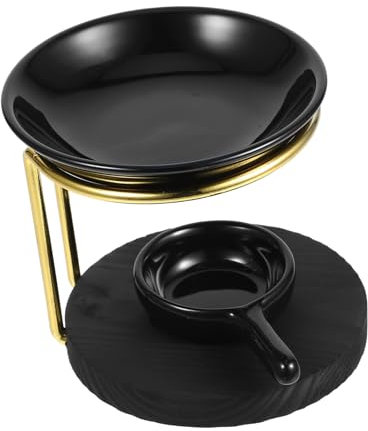 Warmhm Bruciatore Di Candele in Ceramica Nero Con Base in Legno Per Oli Essenziali e Scioglilingua Di Cera Portacandele Elegante Per Diffondere Aroma in Casa e Ufficio