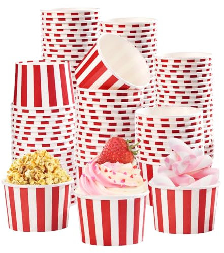 Grencian 120 Pcs Ice Cream Cups 12 OZ Disposable Red and White Stripe Paper Dessert Bowls Food Yogurt Cup Containers Red White Snack Bowls for Soups Candies Hot & Cold Food Snack Picnic Party Supplies