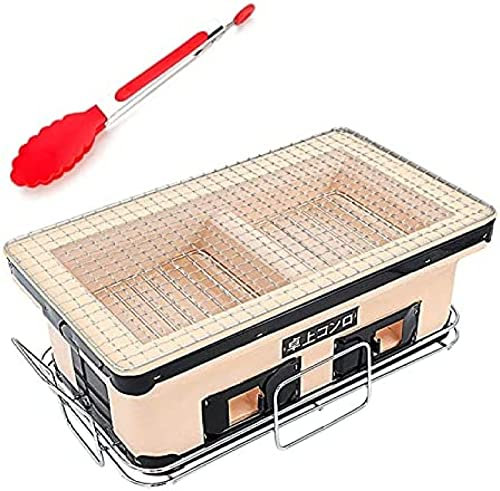 Parrilla de carbón Rectangular para Barbacoa, Parrilla de carbón de Arcilla de cerámica Japonesa, Cocina de carbón Yakiniku de sobremesa con Pinzas para Alimentos, Rejilla y Soporte 234Pictu